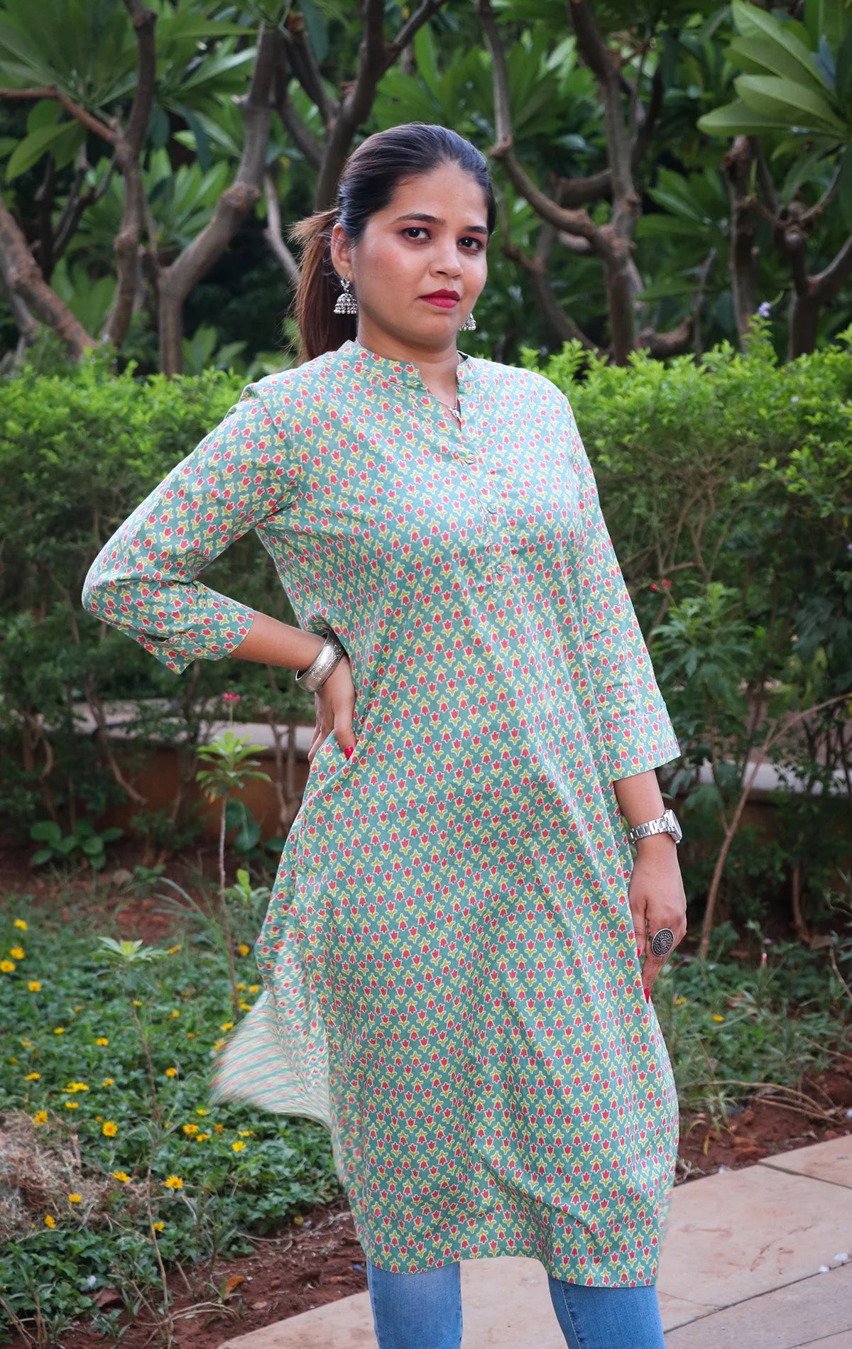 Ethnic Printed Sequins Work Pure Cotton Kurti