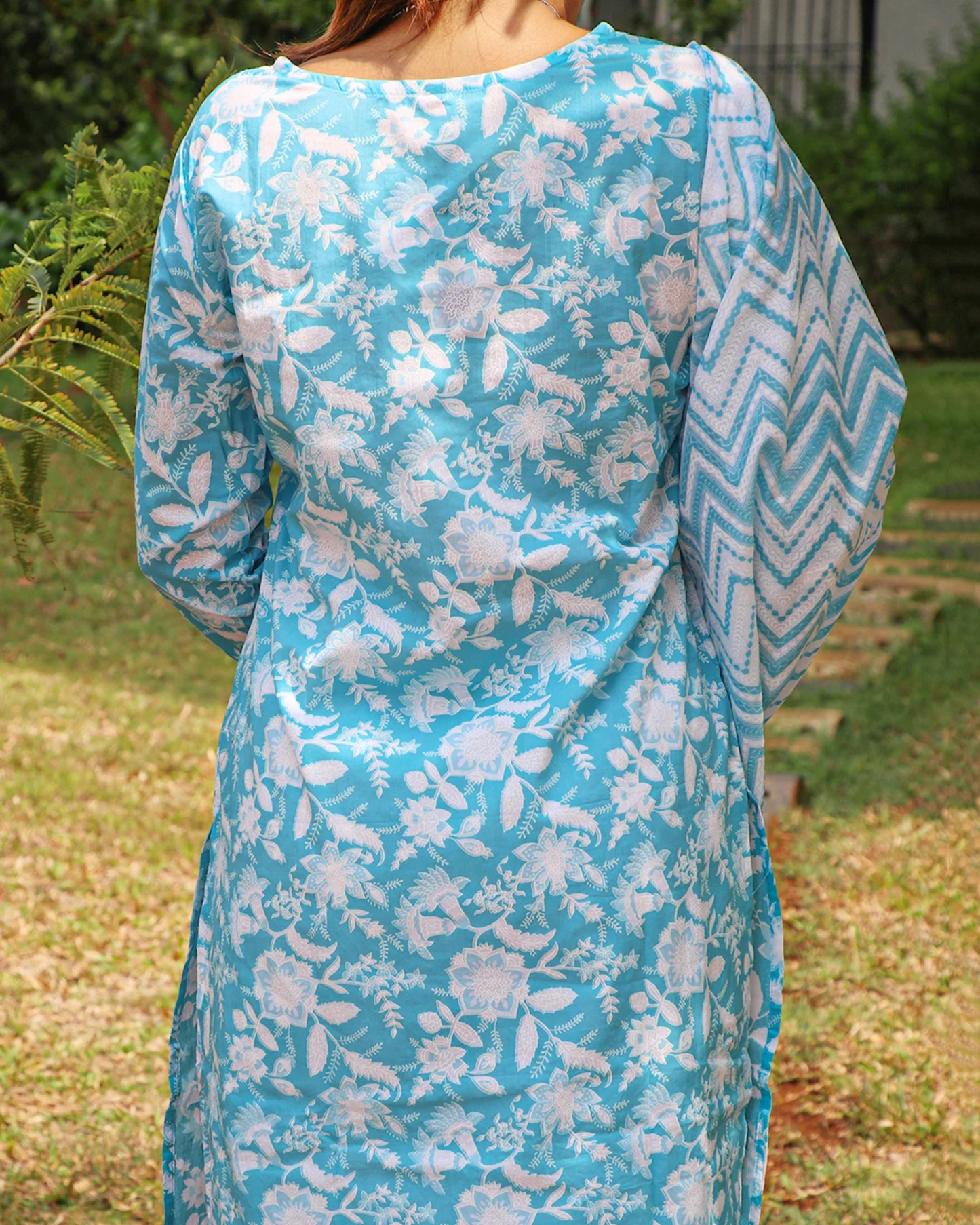 Premium Jaipuri Cotton Light Blue Kurti Set with Dupatta