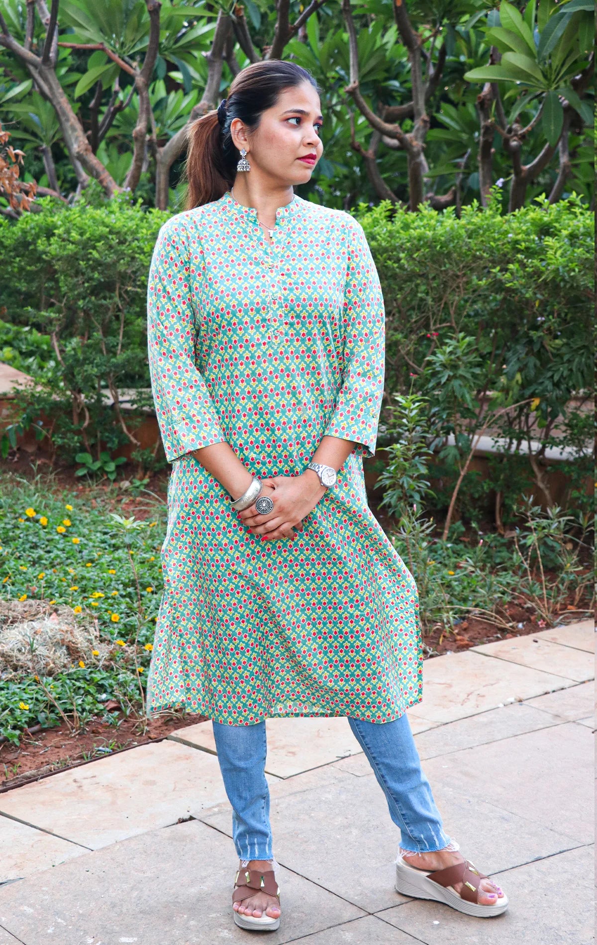 Ethnic Printed Sequins Work Pure Cotton Kurti