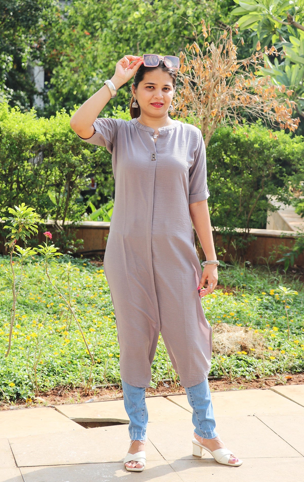 Solid grey colour textured long Kurti