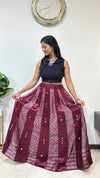 Pure Mashru Silk Ajrakh 5 Meter Flare Twinkle Skirt with Hand Mirror Work