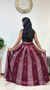 Pure Mashru Silk Ajrakh 5 Meter Flare Twinkle Skirt with Hand Mirror Work