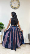 Pure Mashru Silk Ajrakh 5 Meter Flare Twinkle Skirt with Hand Mirror Work