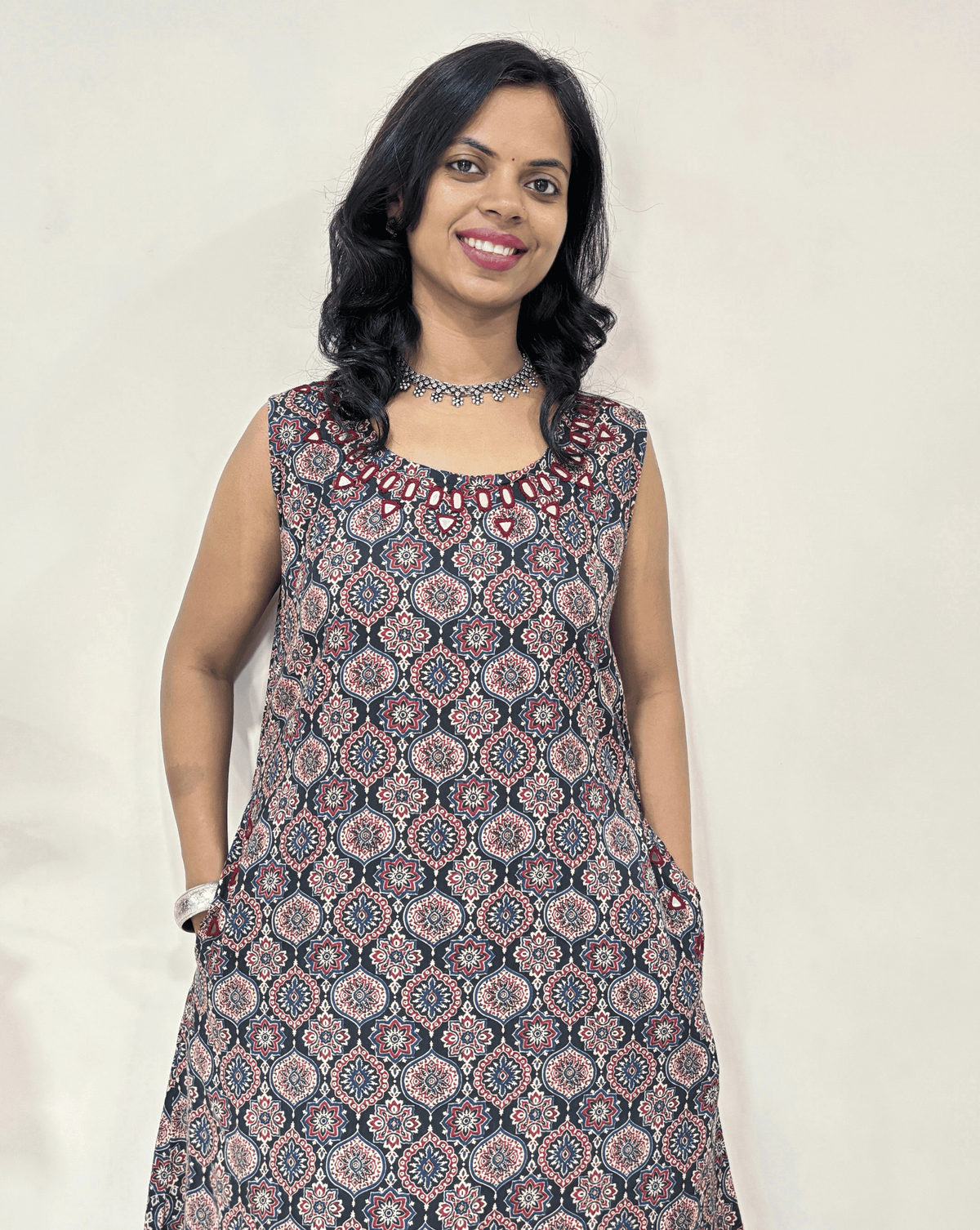 Tamannah Rayon Ajrakh A-line Sleeveless Kurti