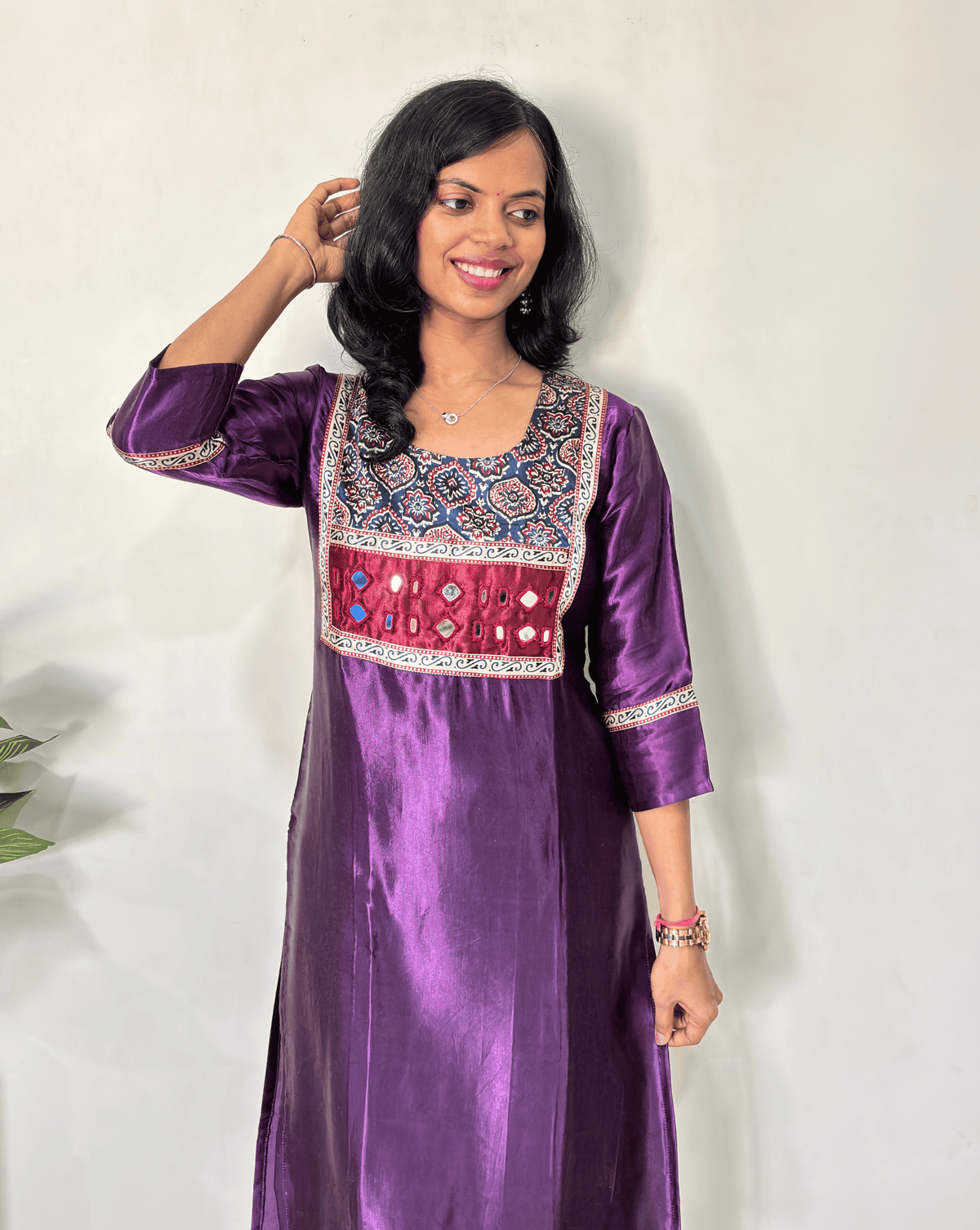 Chandni Mirror Work Ajrakh Mashru Silk Long Kurti