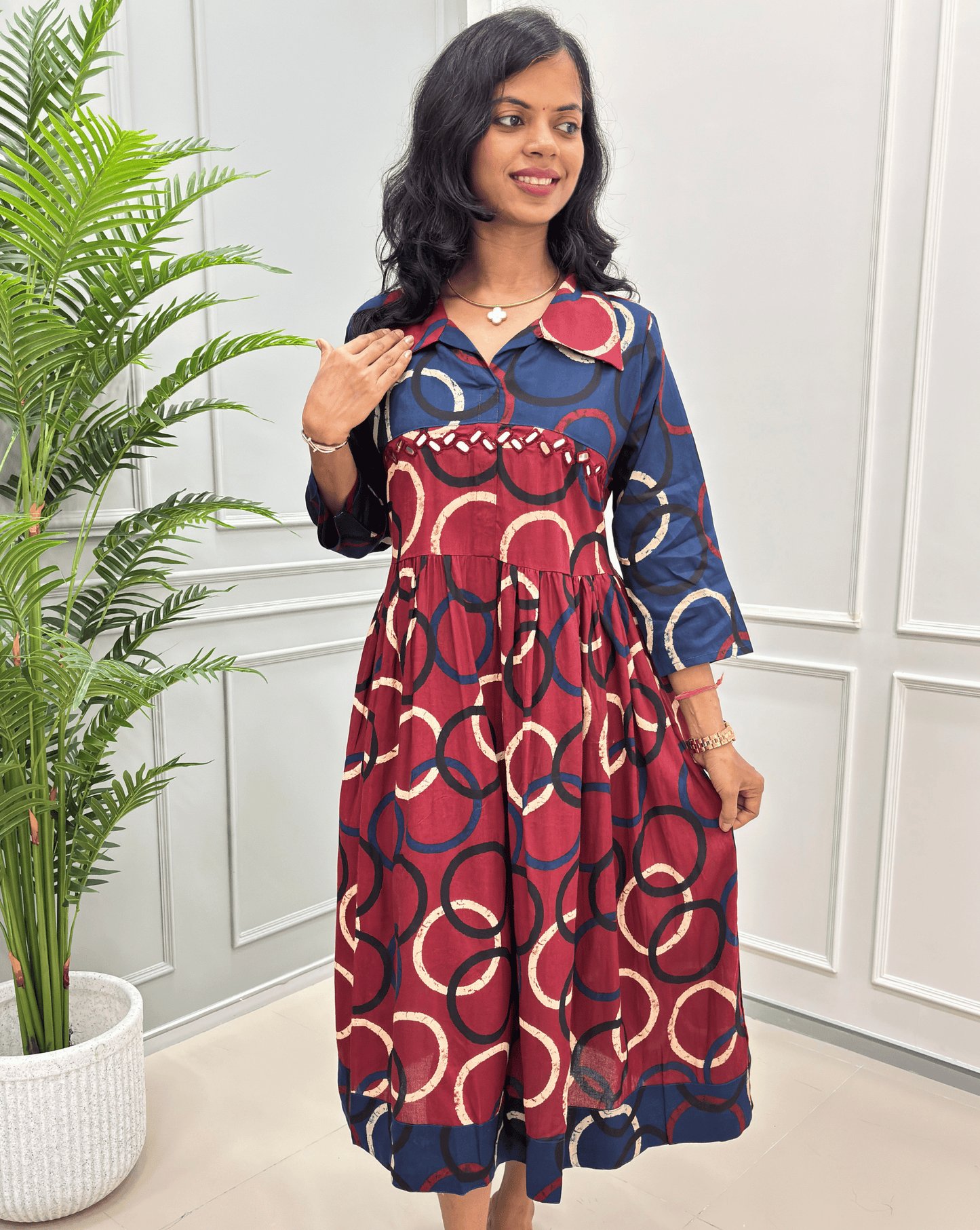 Diva Mirror Work Ajrakh Rayon A-line Long Kurti