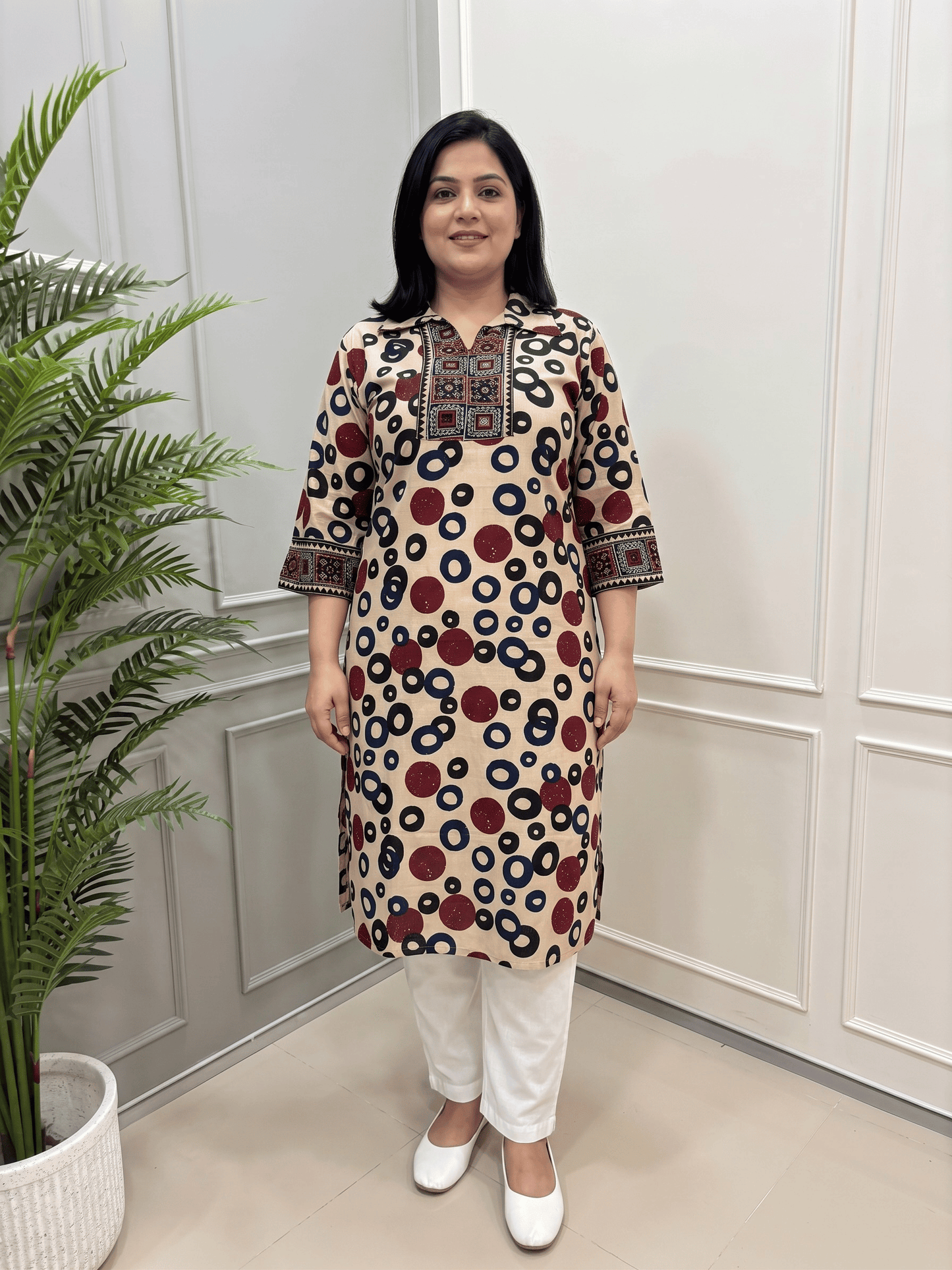 Kanishka Geomertic Plus Size Mirror Work Ajrakh Rayon Long Kurti