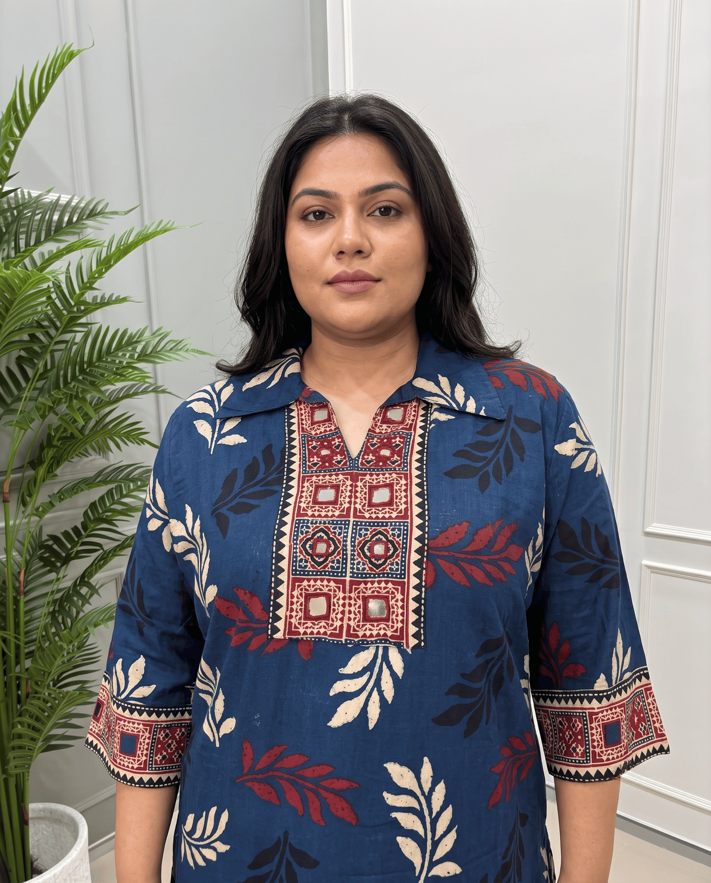 Kanishka Leaf Plus Size Mirror Work Ajrakh Rayon Long Kurti
