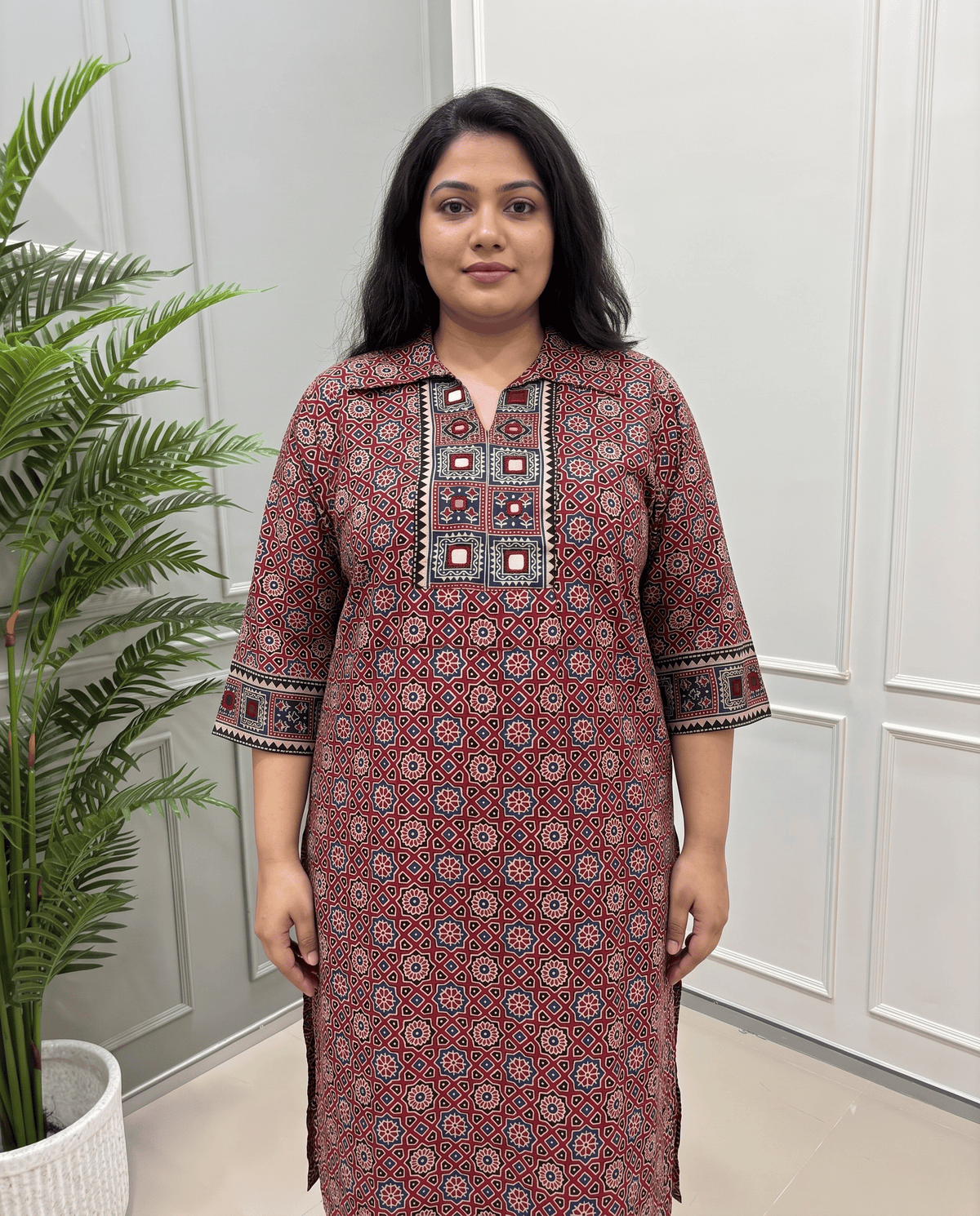 Kanishka Plus Size Mirror Work Ajrakh Rayon Long Kurti