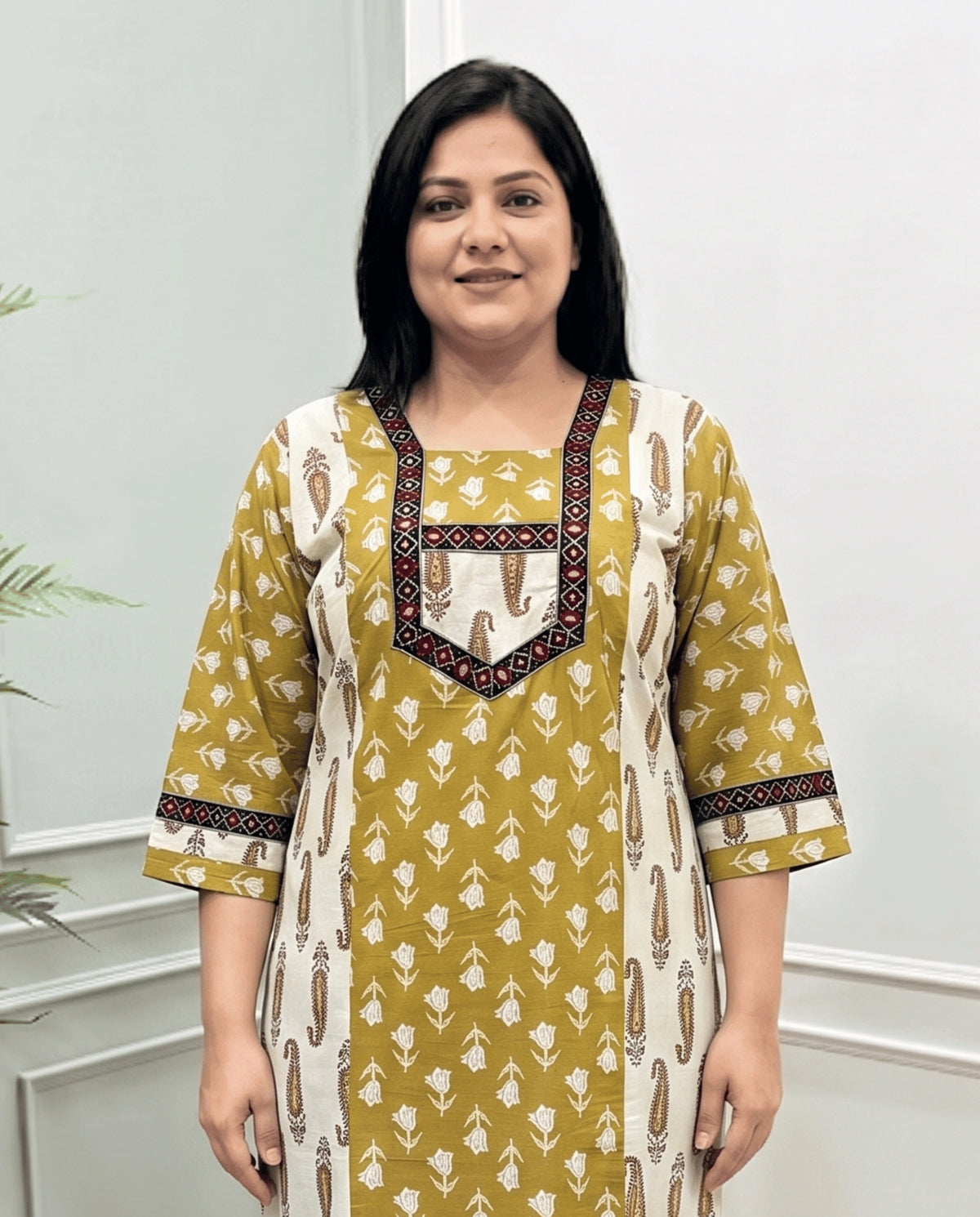 Aditi Plus Size Mirror Work Ajrakh Cotton Long Kurti
