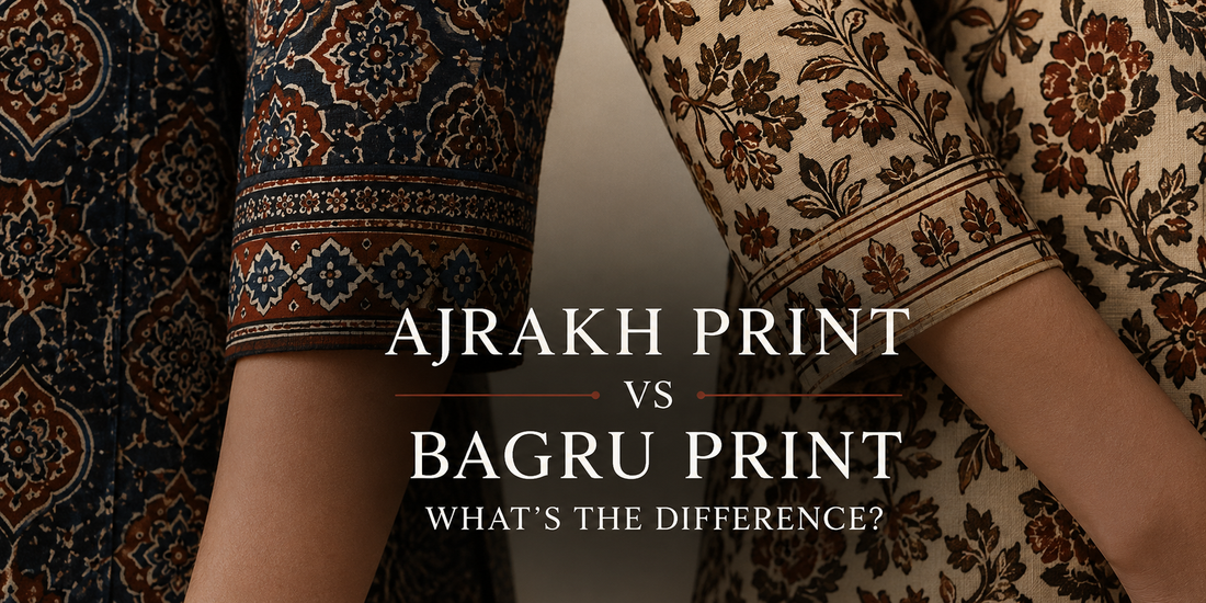 Comparison of traditional Indian hand block prints showing Ajrakh printing with bold geometric patterns and deep natural colors versus Bagru printing featuring earthy floral motifs and softer rustic tones.