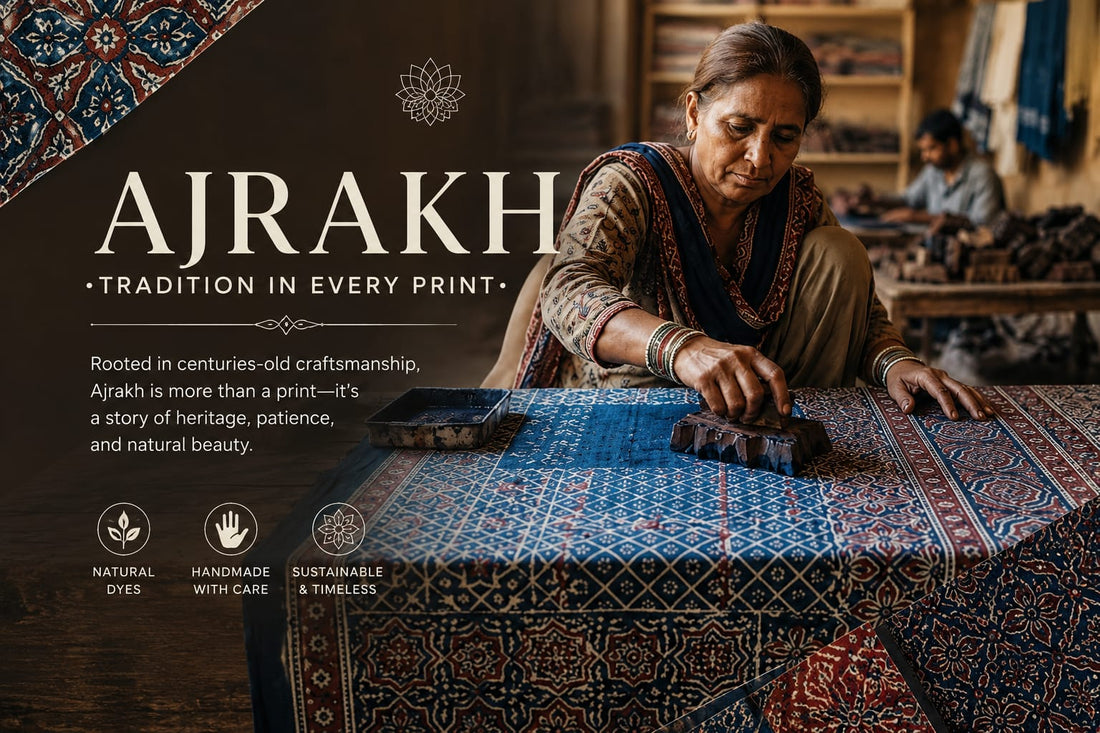 Traditional Ajrakh hand block printing showcasing intricate patterns, natural dyes, and the timeless craftsmanship of Indian textile heritage.