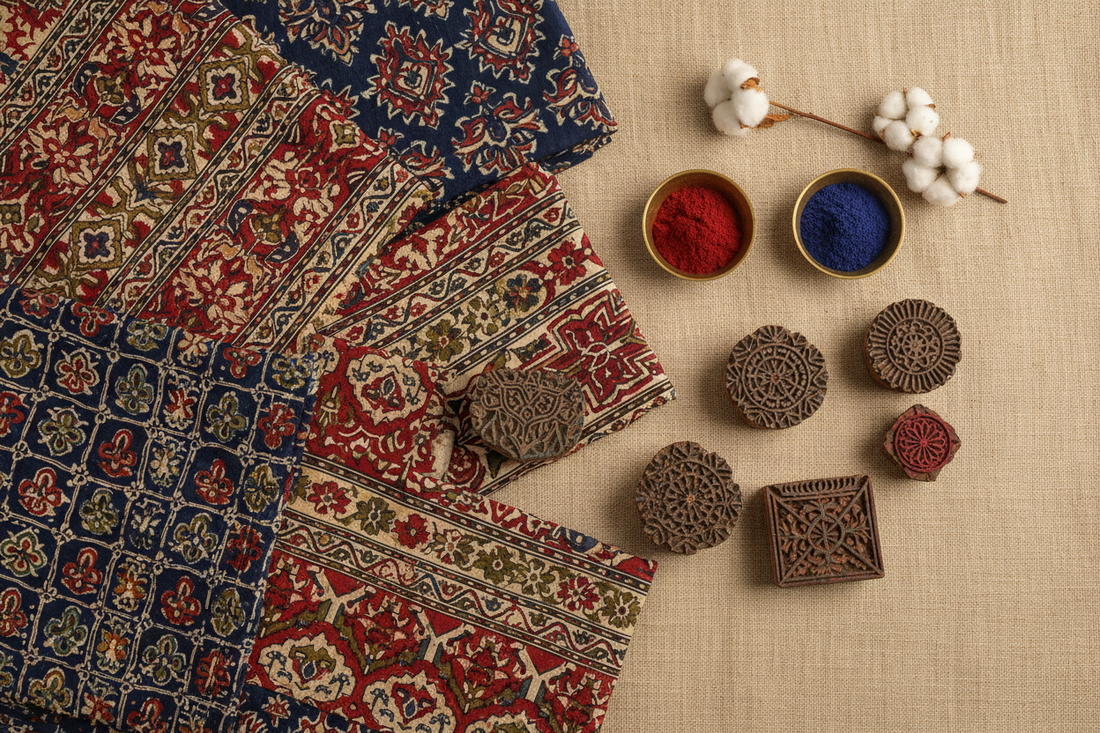 Traditional Ajrakh fabric making process showing hand block printing, natural dyeing, and artisan craftsmanship step by step.