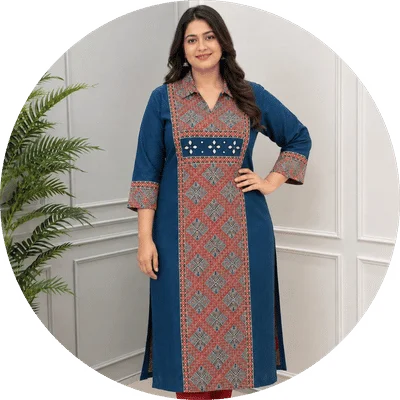 Women's Beautiful Ajrakh Plus Size Kurtis with real hand-mirror work & in Cotton fabric. Explore more Kurtis, Co-ord set, & much more at Rajwadse.