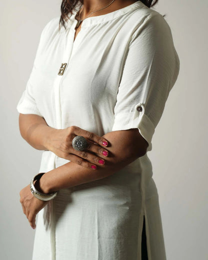 Solid White colour textured long Kurti