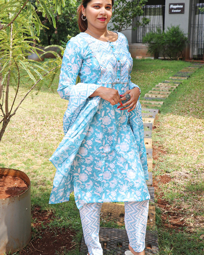 Premium Jaipuri Cotton Light Blue Kurti Set with Dupatta