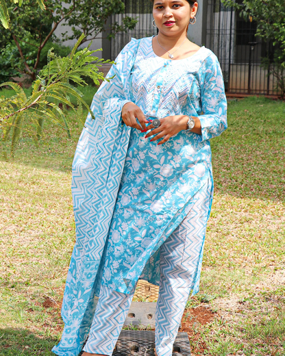Premium Jaipuri Cotton Light Blue Kurti Set with Dupatta