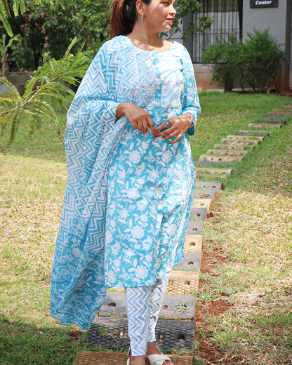Premium Jaipuri Cotton Light Blue Kurti Set with Dupatta