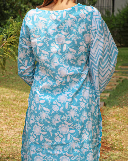 Premium Jaipuri Cotton Light Blue Kurti Set with Dupatta