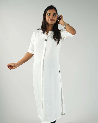 Solid White colour textured long Kurti