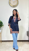 Ananya Mashru Silk Ajrakh Short Kurti with Hand Mirror Work