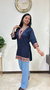Ananya Mashru Silk Ajrakh Short Kurti with Hand Mirror Work