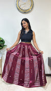 Pure Mashru Silk Ajrakh 5 Meter Flare Twinkle Skirt with Hand Mirror Work