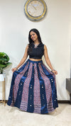 Pure Mashru Silk Ajrakh 5 Meter Flare Twinkle Skirt with Hand Mirror Work
