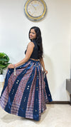 Pure Mashru Silk Ajrakh 5 Meter Flare Twinkle Skirt with Hand Mirror Work
