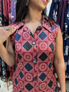 Pure Mashru Silk A-line Kriti Ajrakh Sleevless Kurti with Hand Mirror Work