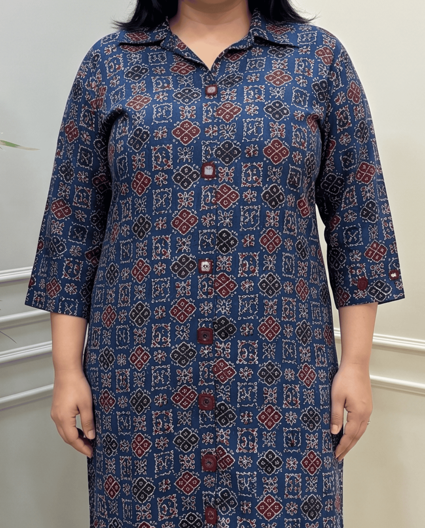 Shriya Plus Size Mirror Work Ajrakh Rayon A-line Long Kurti