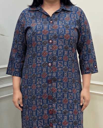 Shriya Plus Size Mirror Work Ajrakh Rayon A-line Long Kurti