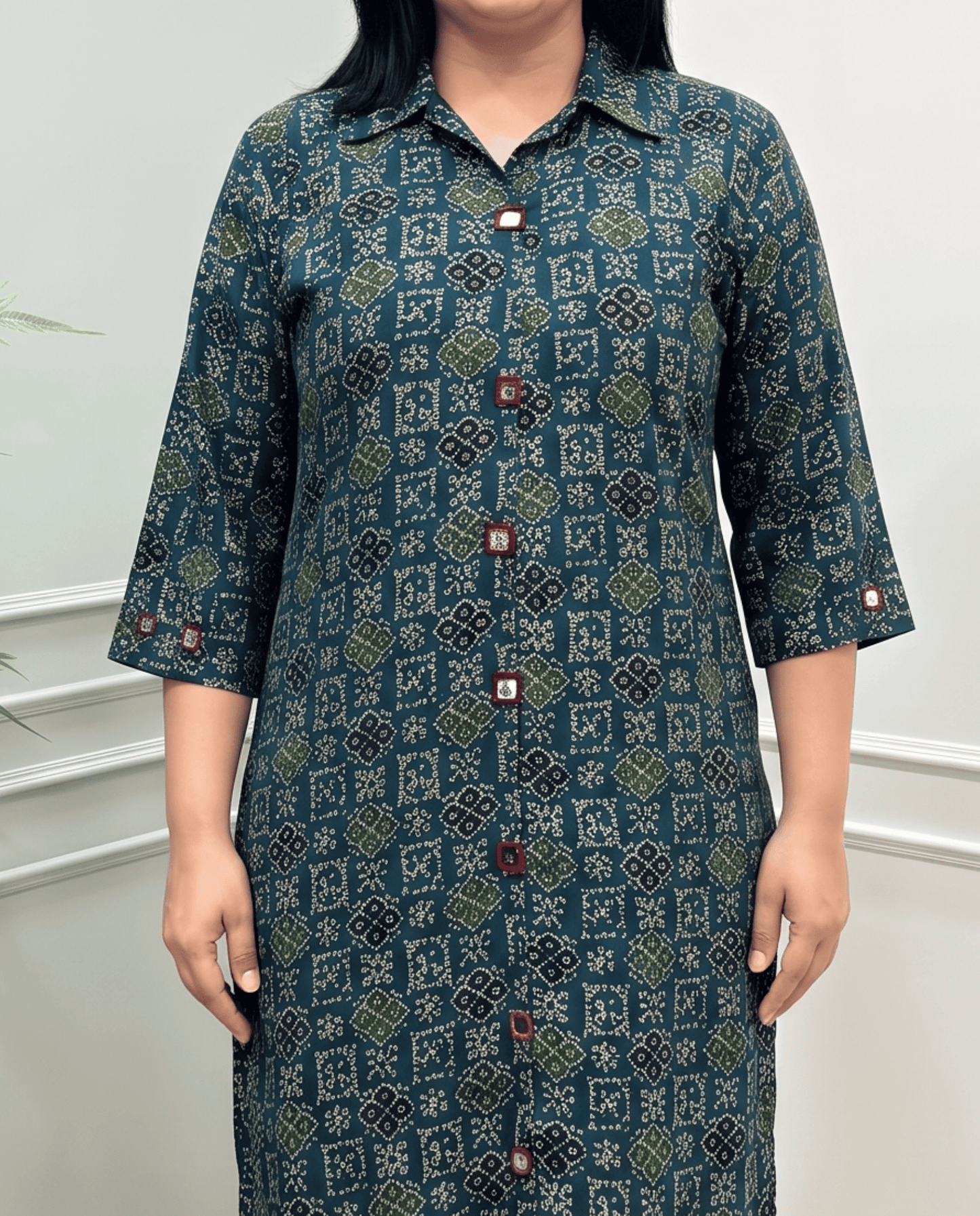 Shriya Plus Size Mirror Work Ajrakh Rayon A-line Long Kurti