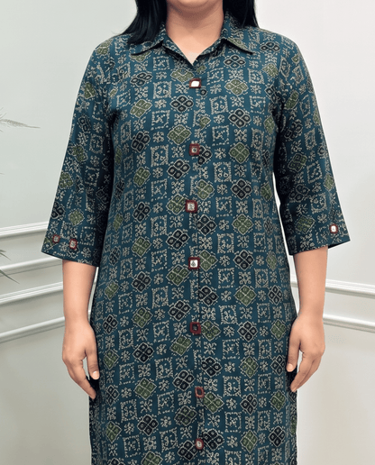 Shriya Plus Size Mirror Work Ajrakh Rayon A-line Long Kurti
