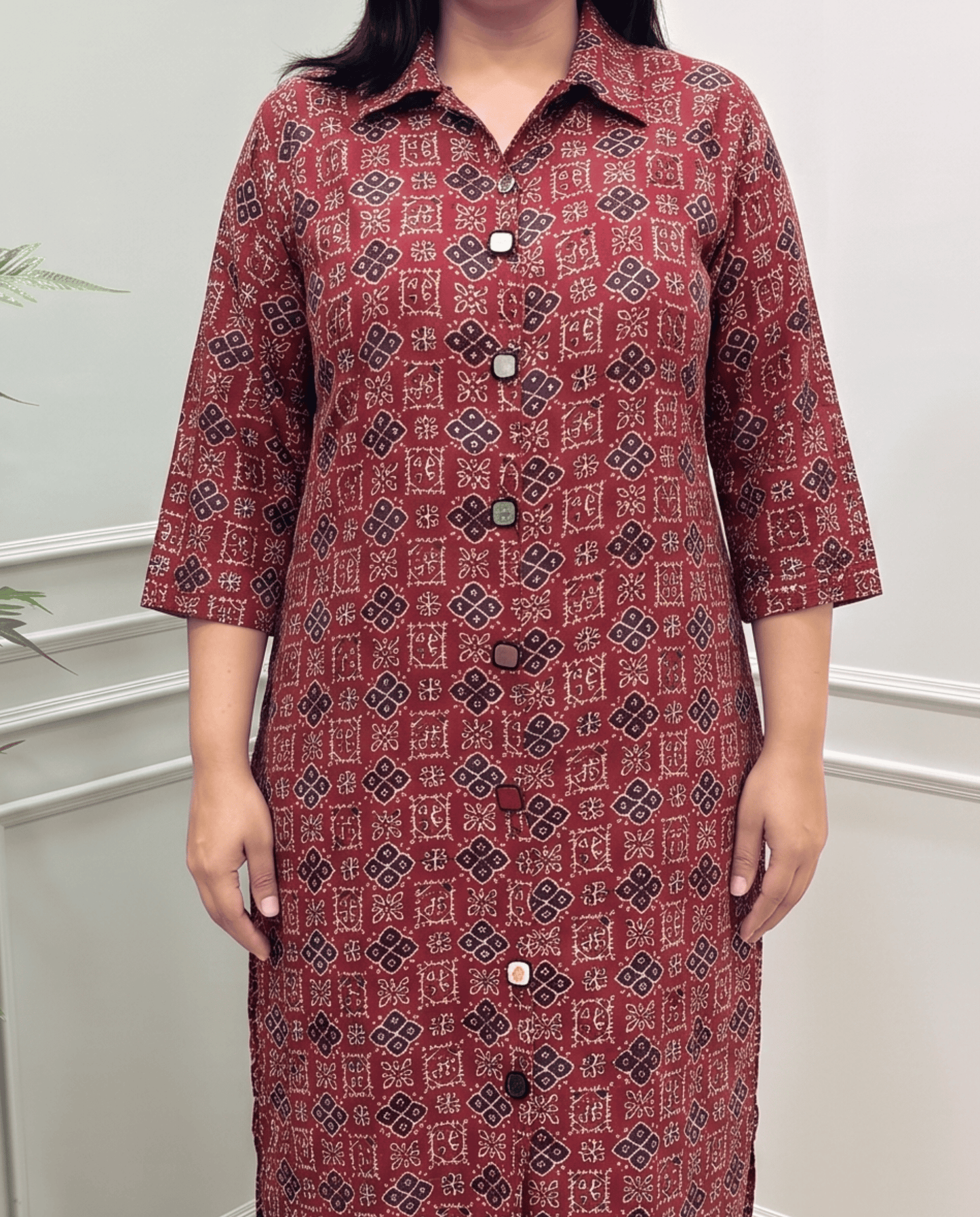 Shriya Plus Size Mirror Work Ajrakh Rayon A-line Long Kurti