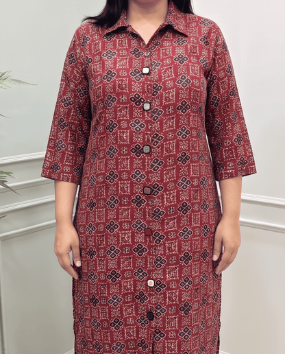 Shriya Plus Size Mirror Work Ajrakh Rayon A-line Long Kurti