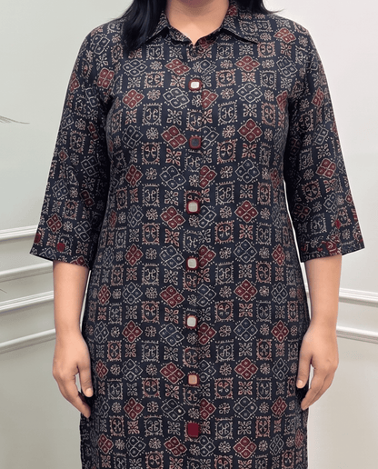 Shriya Plus Size Mirror Work Ajrakh Rayon A-line Long Kurti