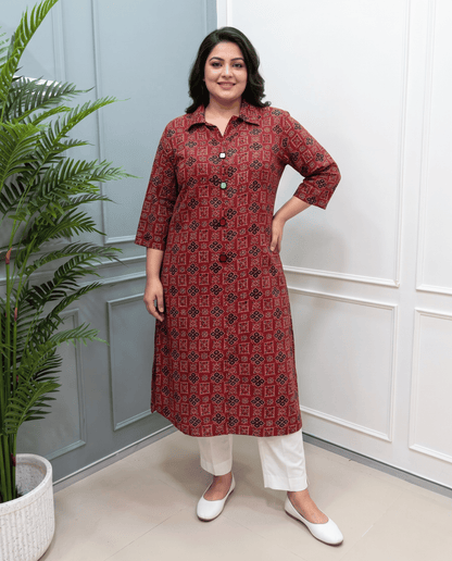 Shriya Plus Size Mirror Work Ajrakh Rayon A-line Long Kurti