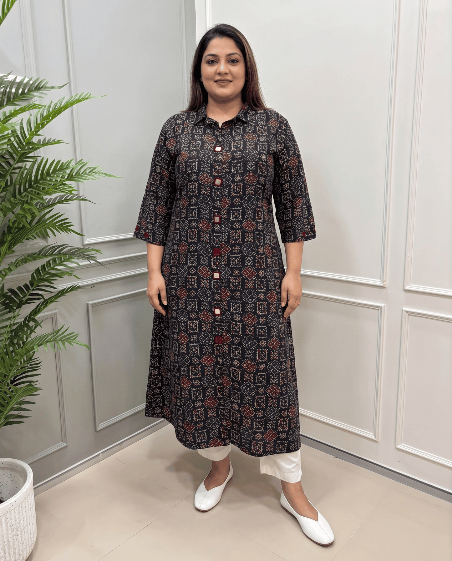 Shriya Plus Size Mirror Work Ajrakh Rayon A-line Long Kurti