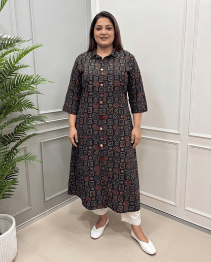 Shriya Plus Size Mirror Work Ajrakh Rayon A-line Long Kurti