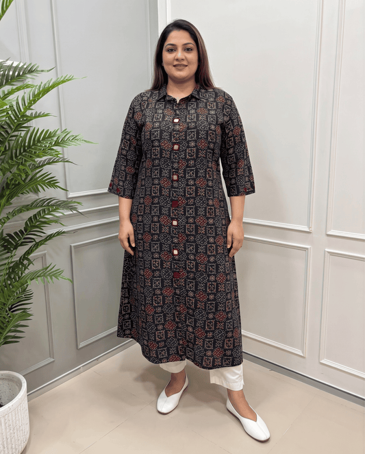 Shriya Plus Size Mirror Work Ajrakh Rayon A-line Long Kurti