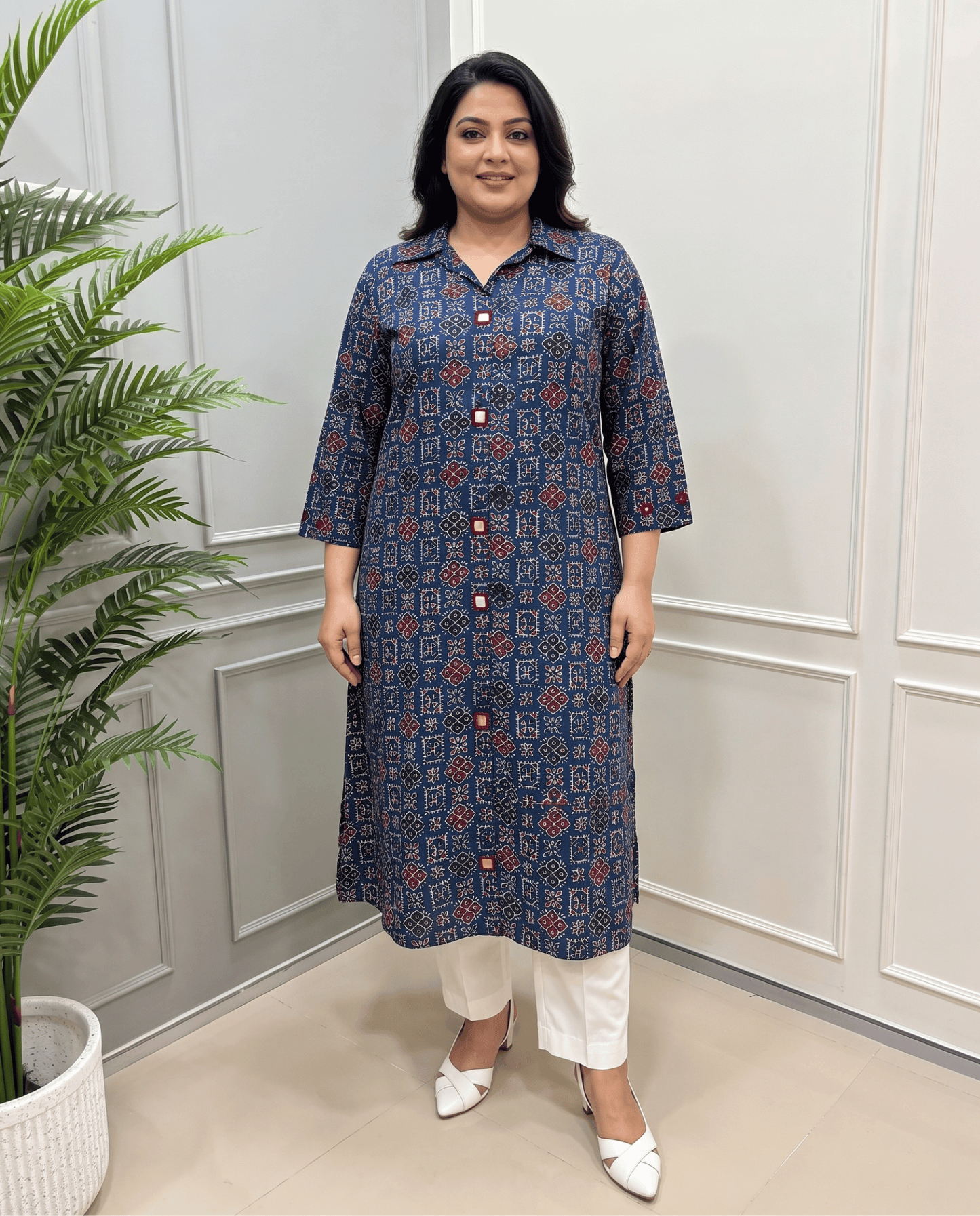 Shriya Plus Size Mirror Work Ajrakh Rayon A-line Long Kurti
