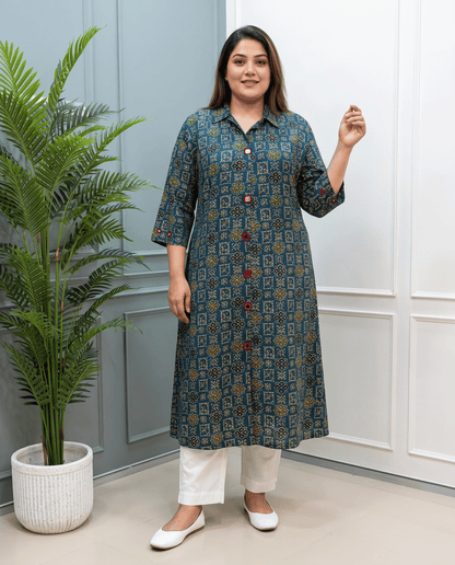 Shriya Plus Size Mirror Work Ajrakh Rayon A-line Long Kurti