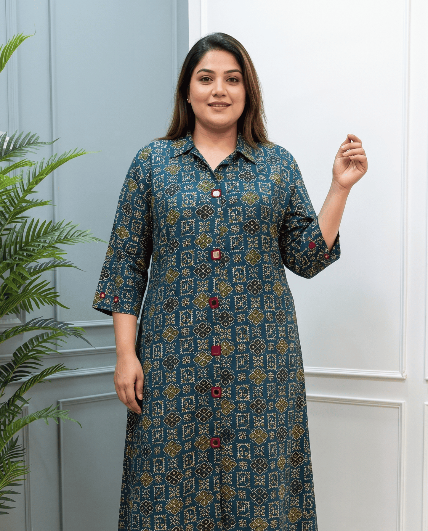 Shriya Plus Size Mirror Work Ajrakh Rayon A-line Long Kurti