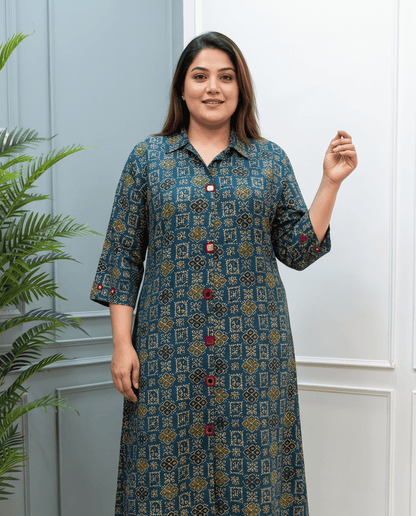 Shriya Plus Size Mirror Work Ajrakh Rayon A-line Long Kurti