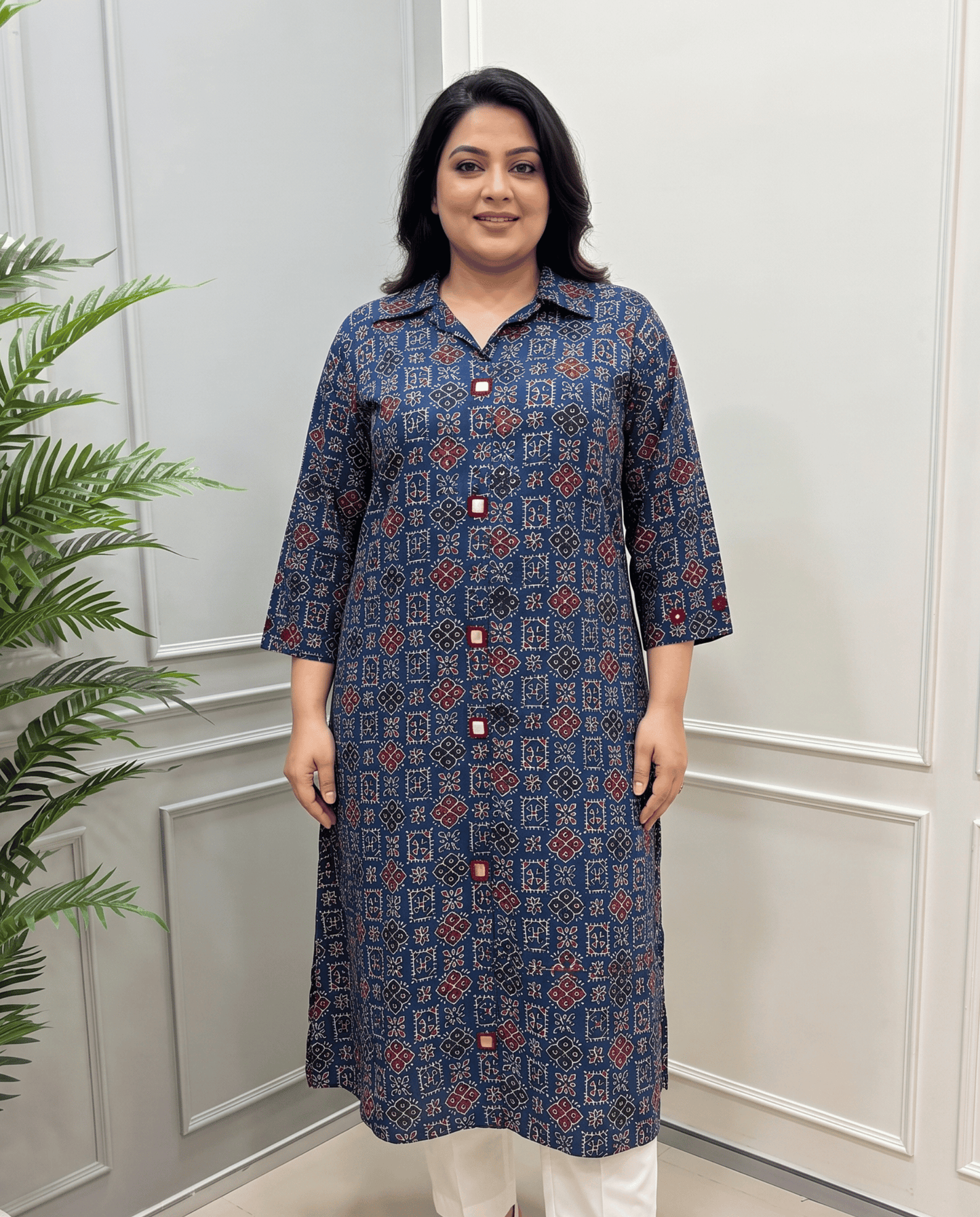 Shriya Plus Size Mirror Work Ajrakh Rayon A-line Long Kurti