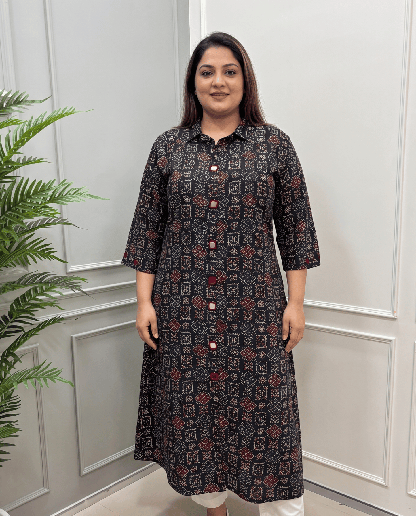 Shriya Plus Size Mirror Work Ajrakh Rayon A-line Long Kurti