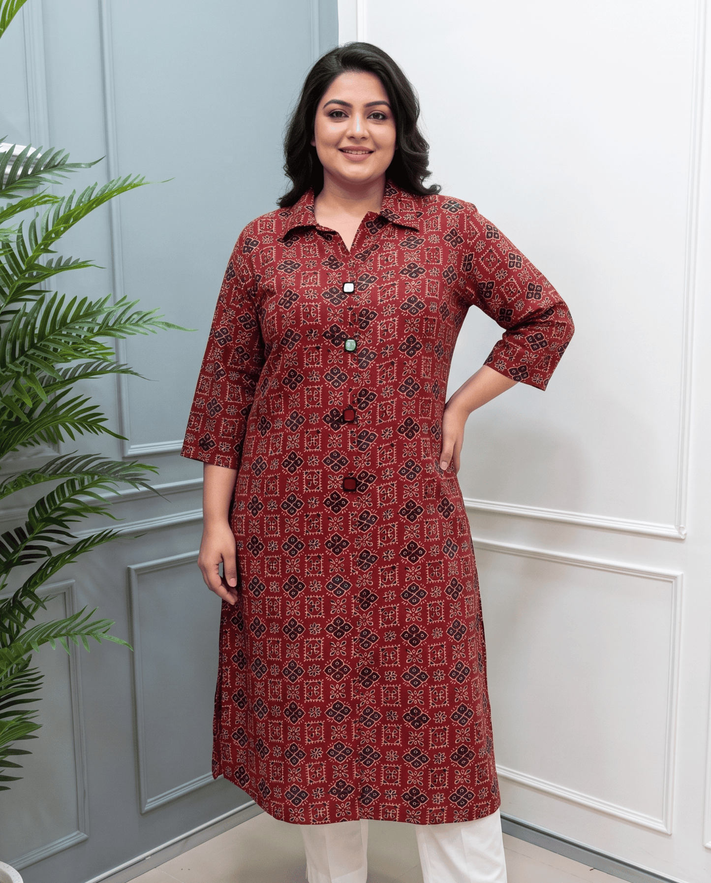 Shriya Plus Size Mirror Work Ajrakh Rayon A-line Long Kurti