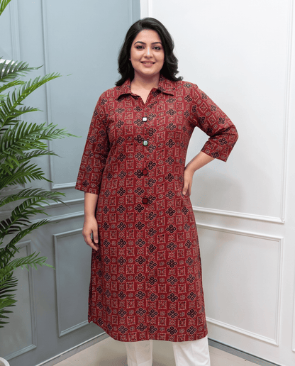 Shriya Plus Size Mirror Work Ajrakh Rayon A-line Long Kurti
