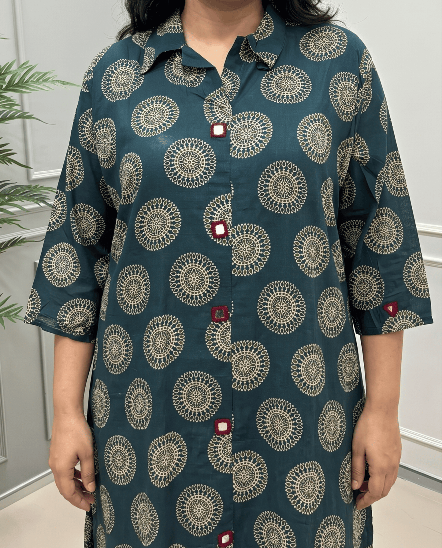 Shriya Plus Size Mirror Work Ajrakh Rayon A-line Long Kurti